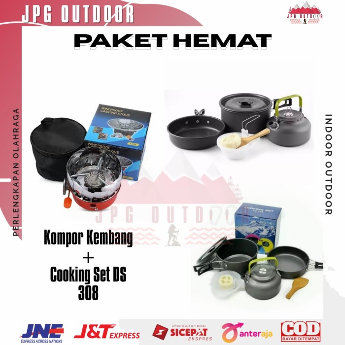 Paket Cooking Set DS 308 plus Kompor Kembang Windproof Kompor Camping Outdoor Portable