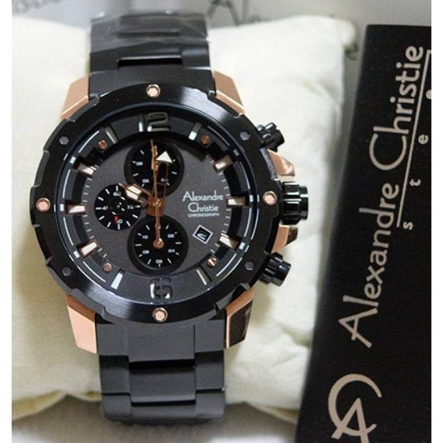Jam Pria Ac Alexandre Christie 6410 Leather Black Brown Rosegold Original