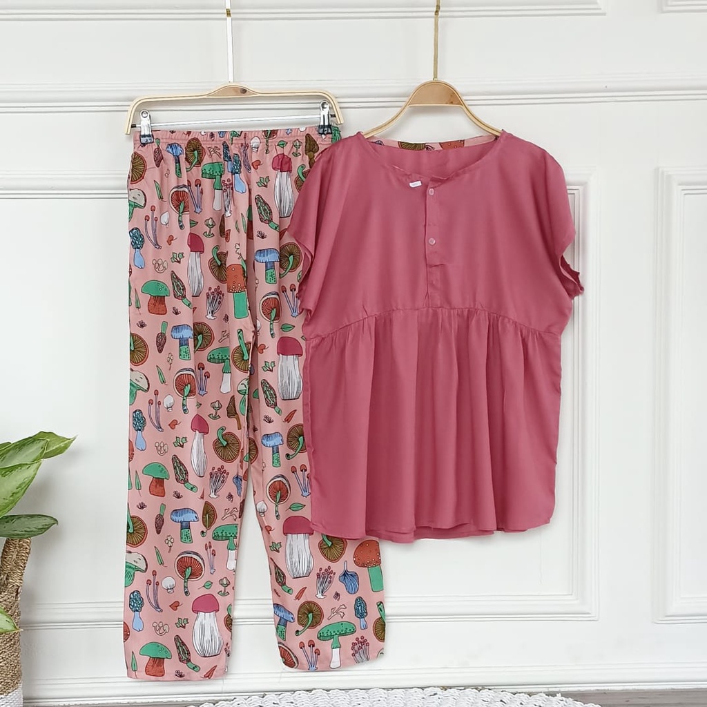 SETELAN BAJU TIDUR PIYAMA WANITA ONE SET PAJAMAS RUFFLE KANCING BUSUI CELANA PANJANG-BBR 17