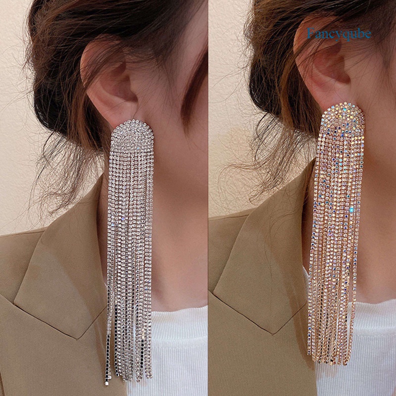 Fancyqube Anting Rumbai Panjang Hias Kristal Berlian Imitasi Untuk Wanita