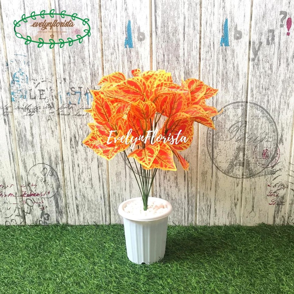 Tanaman Hias Daun Puring Orange Artificial Pot Putih Batu Crystal Pajangan Dekorasi Pohon Plastik