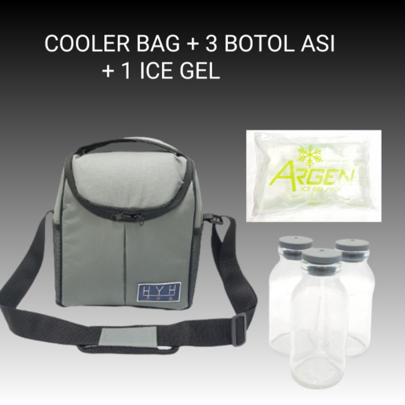 Tas Bayi  Cooler Bag Tas Asi HYH + 3 BOTOL ASI + 1 ICE GEL Bening Perlengkapan Botol Susu / Tas Bayi Cooler bag Tas Pendingin Botol Susu