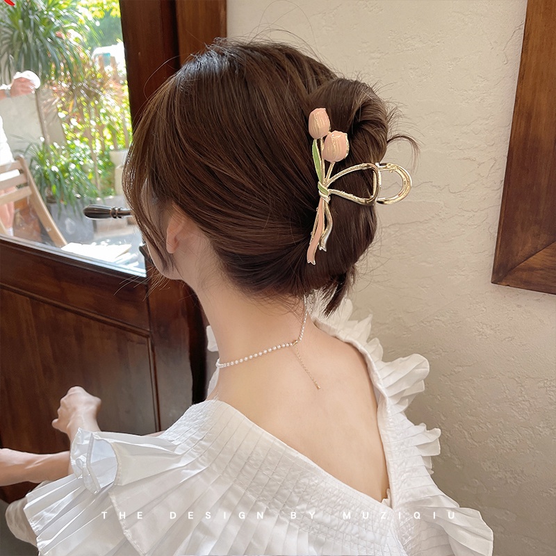 Jepit Rambut Bentuk Bunga Tulip Ganda Bahan Logam Gaya Korea Untuk Wanita