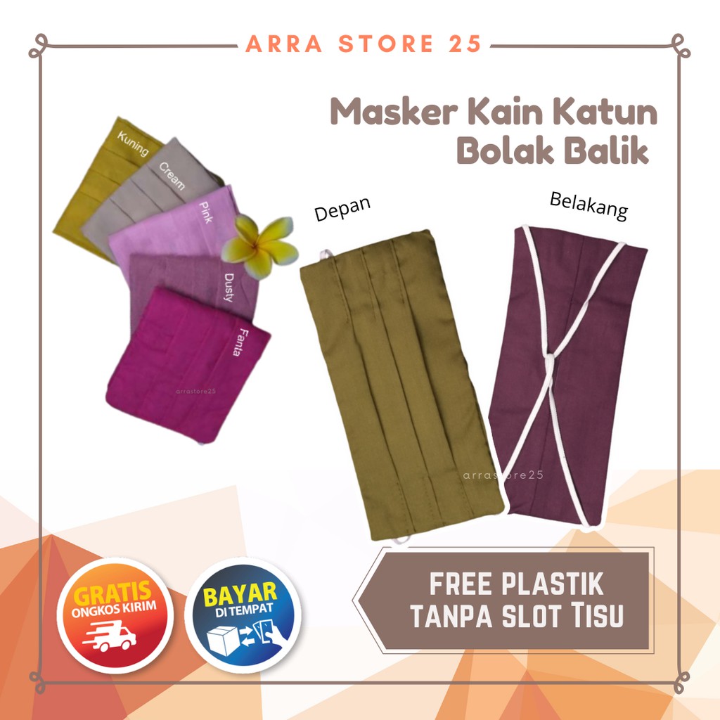 Masker kain katun 2 lapis kain Bolak Balik (2 Warna) TANPA SLOT TISU