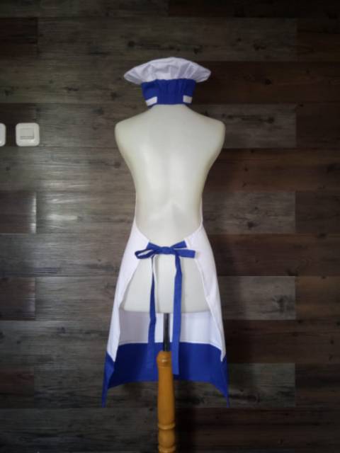 Celemek apron ombinasi biru putih merah putih &amp; topi koki