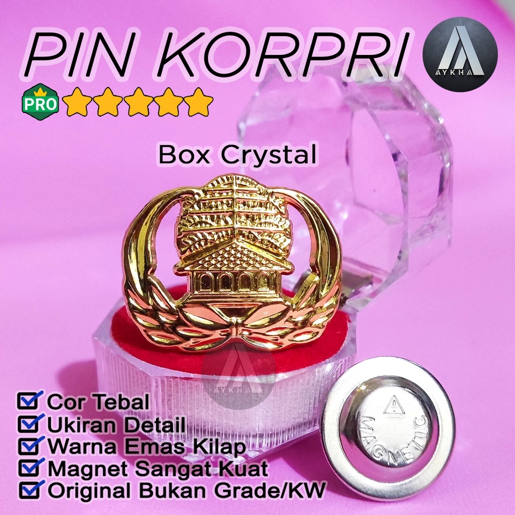 Pin Korpri Magnet Peniti + Box Crystal PNS ASN Kuningan Cor Tebal Original Premium Besar 3CM