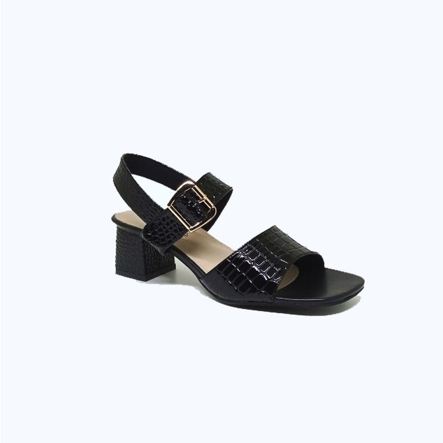 Sandal Wanita Hak tahu 5 cm Ukuran Besar Kaki Jumbo BIG SIZE 41 42 43 44 45 sendal Heels cewek casual pesta formal - Sendal Heel Tali kulit hitam Croco Gesper