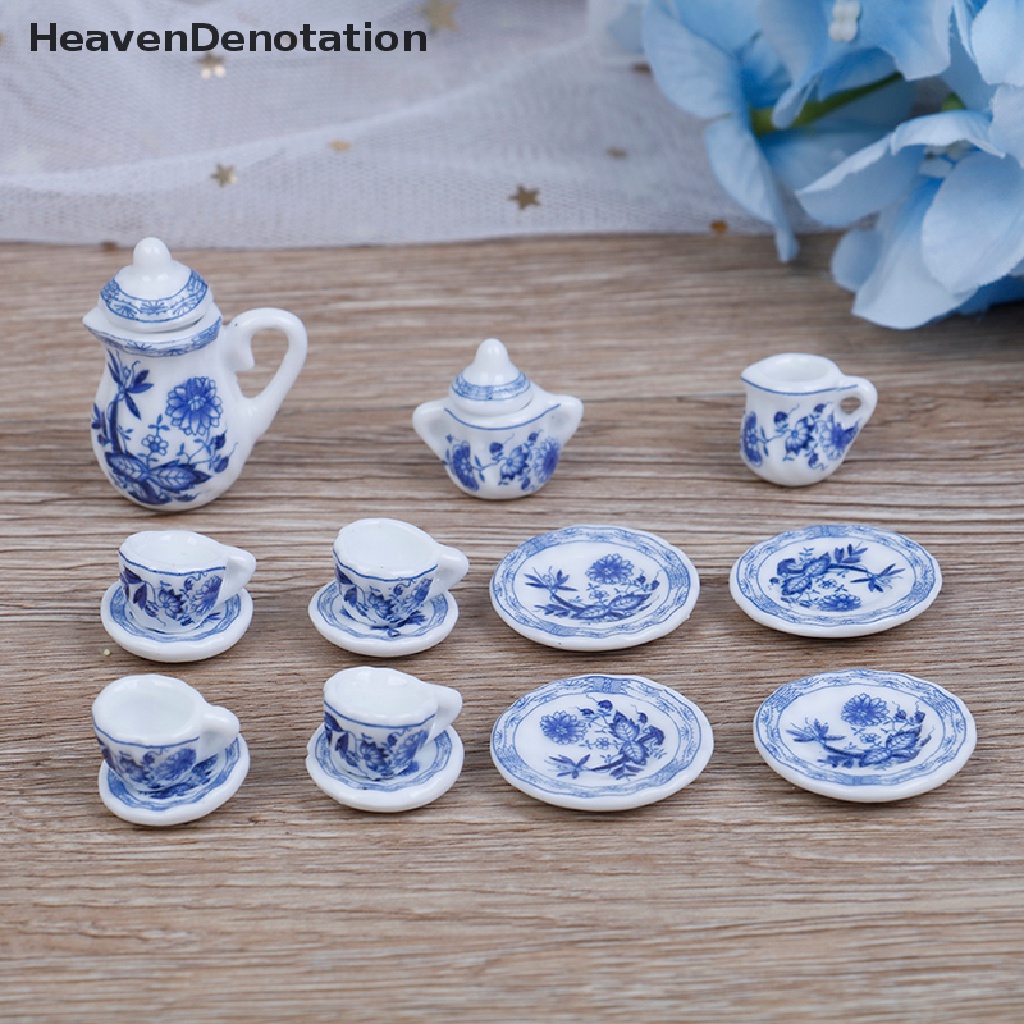 (Heavendenotation) 15pcs Miniatur Cangkir Teh / Kopi Porselen Motif Bunga Biru Skala 1: 12 Untuk Rumah Boneka