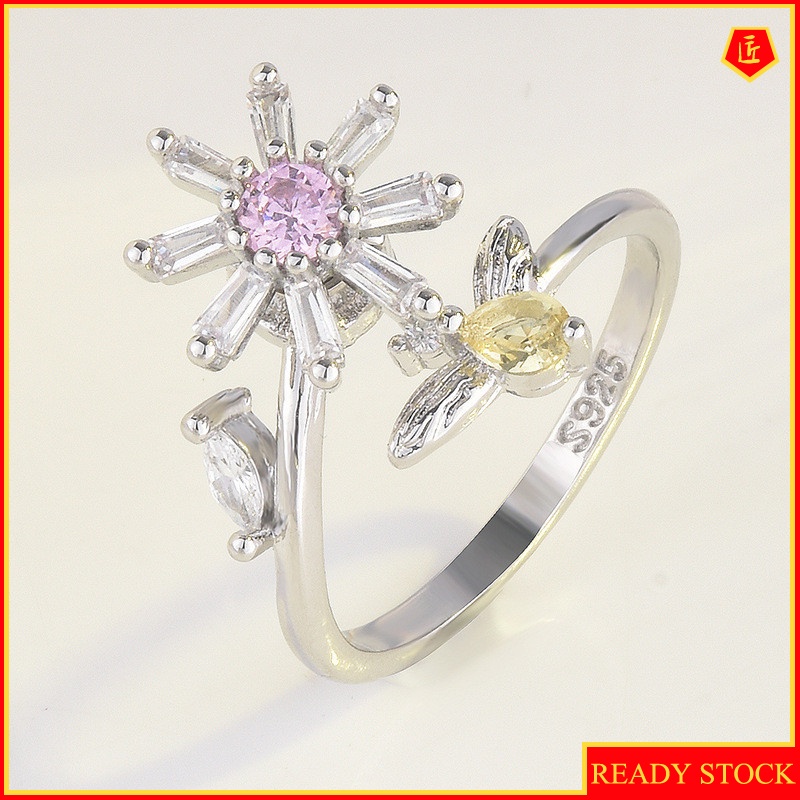 [Ready Stock]S925 Silver Creative Cute Flower Bee Pink Crystal Open Ring