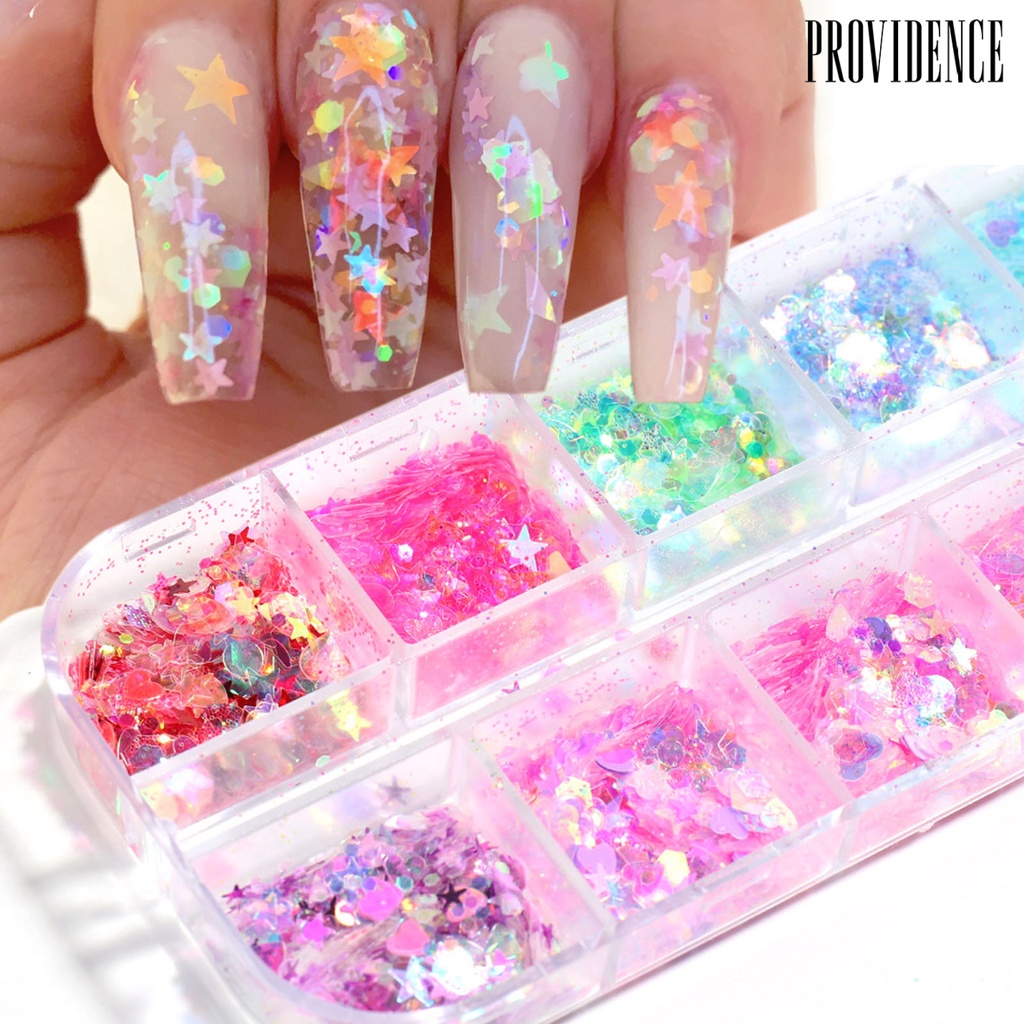 Providence 12 Grids/Box Nail Sequins Easy to Apply DIY Creation Plastic Star Moon Nail Ornament Stickers for Personal Use