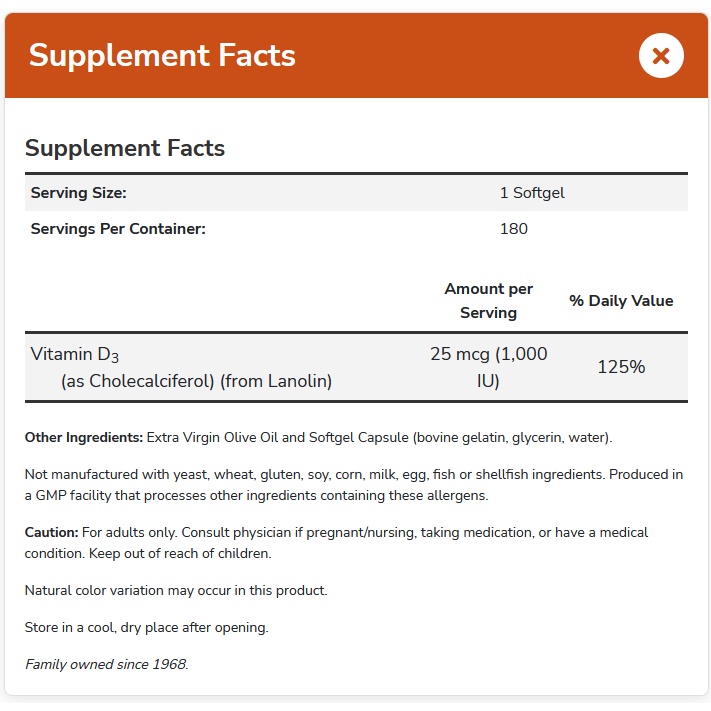 NOW FOODS Vitamin D3 1000 IU High Potency 180 softgel - Vit D MADE IN USA