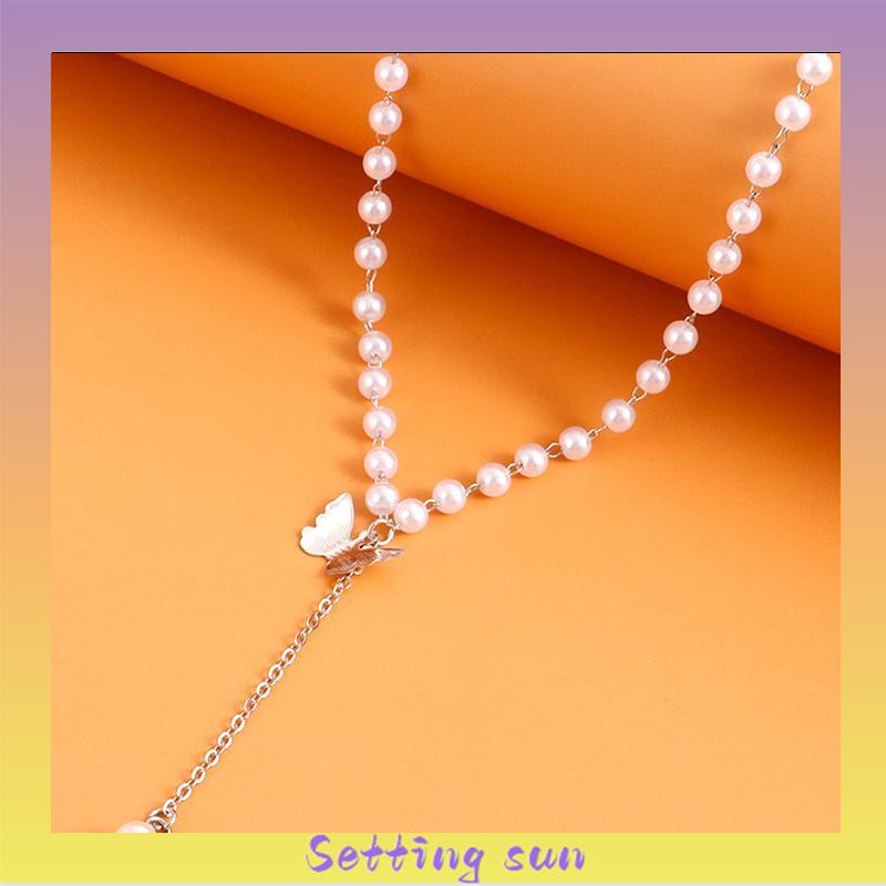 Retro Butterfly Pearl Kalung Lembut Gadis Kecil Cinta Liontin Kalung Rantai Klavikula TN