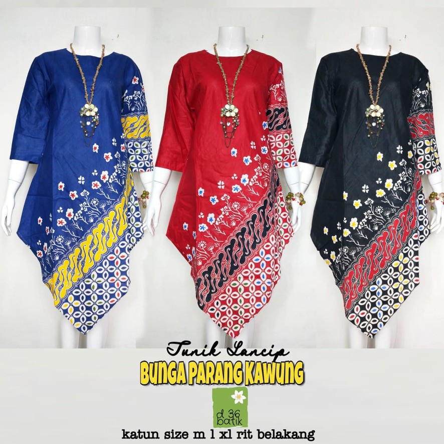 Tunik Lancip Bunga Parang Kawung Batik Asimetris Tunik Muslim Kerja Kantoran Pesta Midi Segitiga