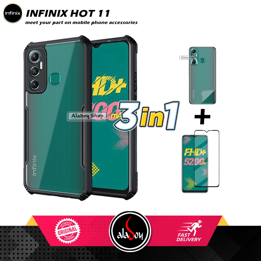 Case Infinix Hot 11 Armor Fushion Transparent Casing + Tempered Glass Full Layar dan Skin Carbon