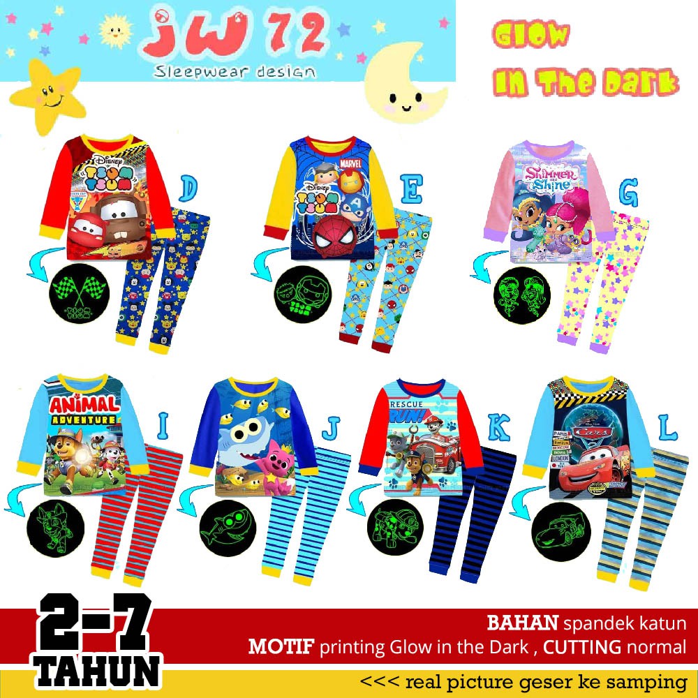  Baju  Tidur  Piyama anak  Glow  in the dark  karakter Junior 