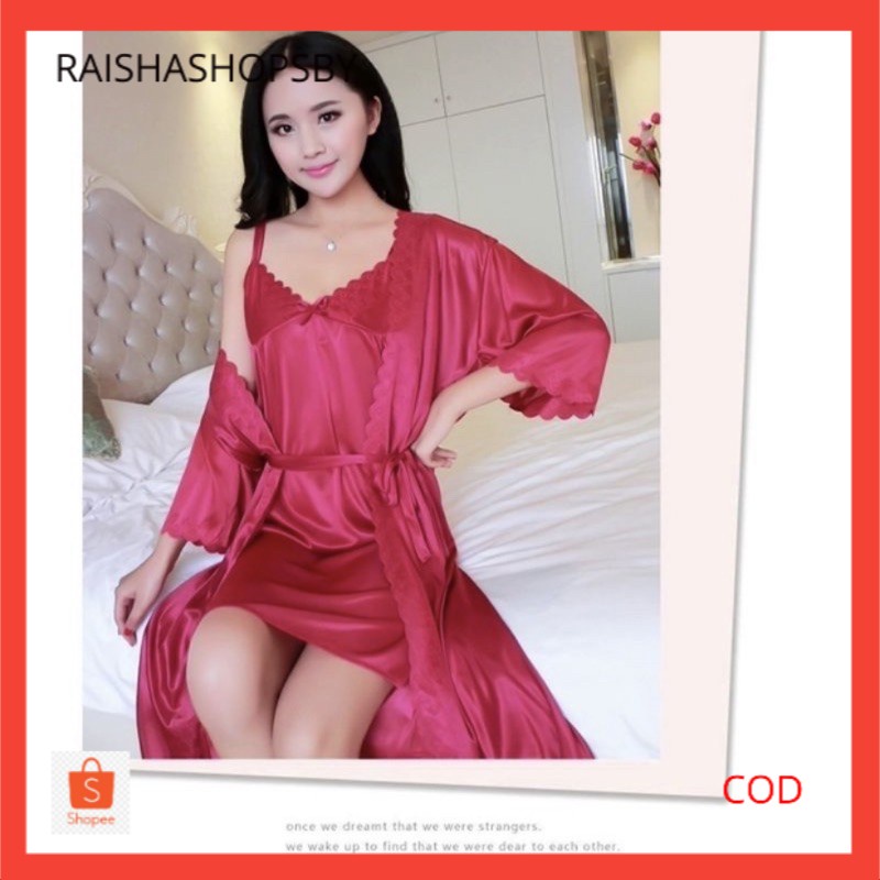 LINGERY SEXY SATIN IMPORT DASTER TANKTOP SILK PREMIUM PIYAMA KIMONO JUMBO BAJU TIDUR POLOS MAGENTA