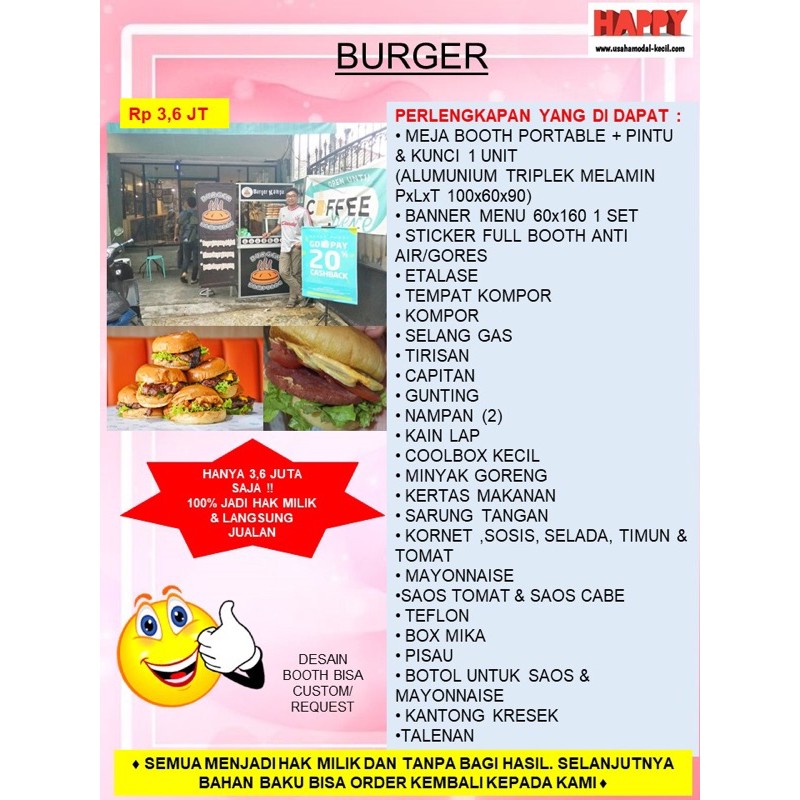 

PAKET USAHA FRANCHISE MAKANAN TERMURAH BURGER KEKINIAN - GEROBAK BOOTH PORTABLE KEMITRAAN