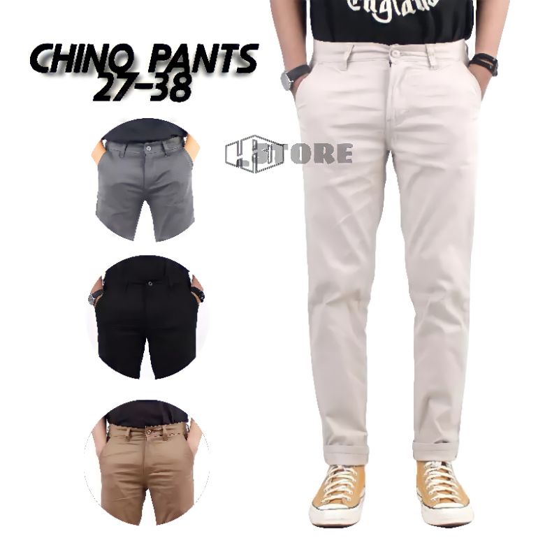 CELANA PRIA CHINO PANJANG Slimfit Kerja Harian Size 27-38 Santai Liburan Cowok Gentleman Boy Skinnyhtytth Formal Polos Hitam Abu Cream Mocca