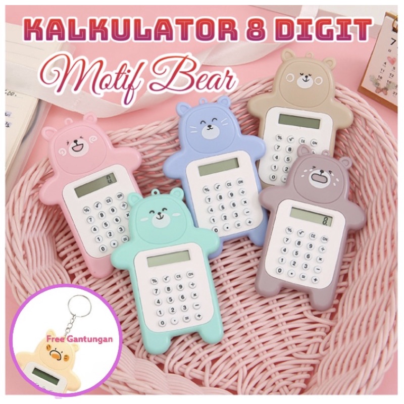 AZ Kalkulator 8 Digit Mini Portable/Motif Beruang Tombol Karet/Sekolah/Stationary Import