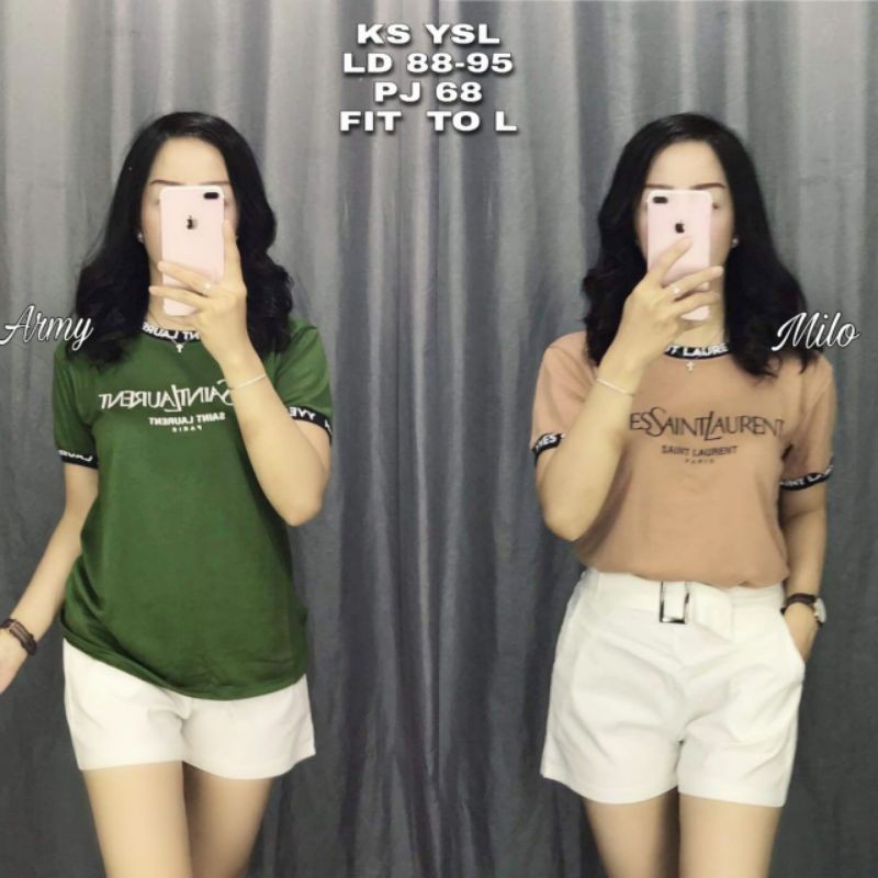 BAJU KAOS WANITA CEWEK MOTIF TERBARU SAINT LAURENT GREENTEA MOCA MUSTARD NAVY BLACK MARON