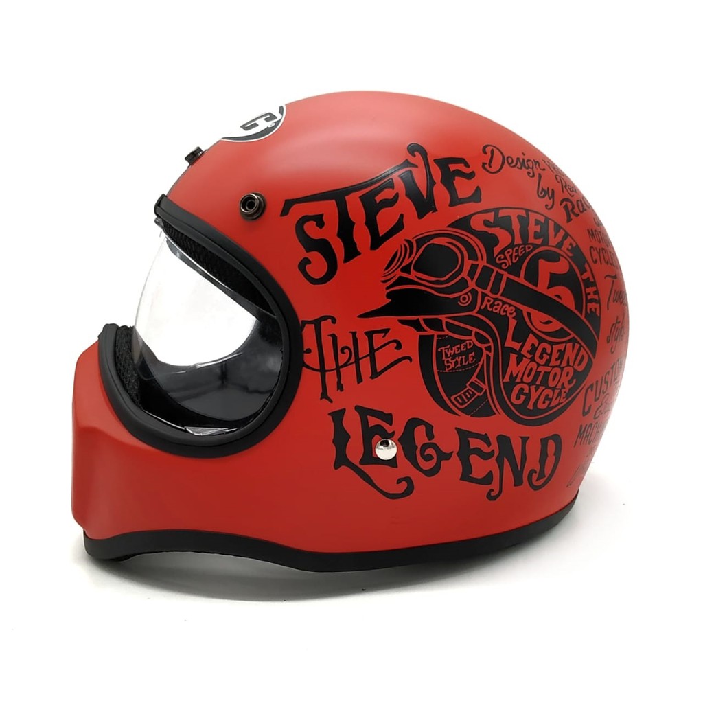 Helm Cakil HBC Steve Red Font Black + Inner Visor ( Fullface / Retro / Klasik / Vespa )