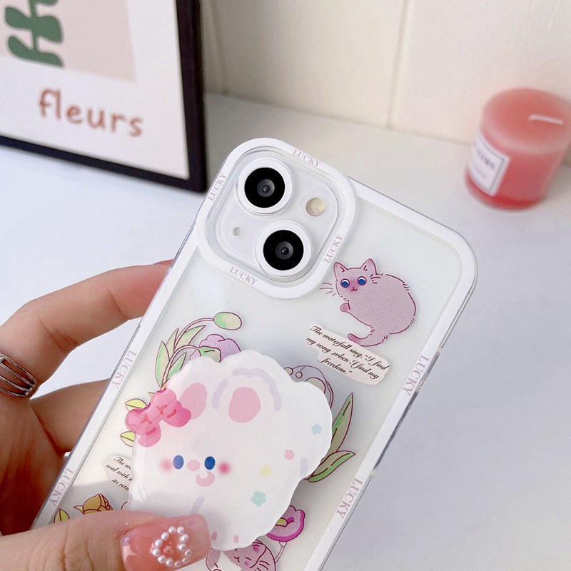 Flowers Cat Popsocket Soft Case iP iPhone 11 12 13 Pro Max 6 6S 7 8 + Plus X XR SE 2020 XS Max Casing