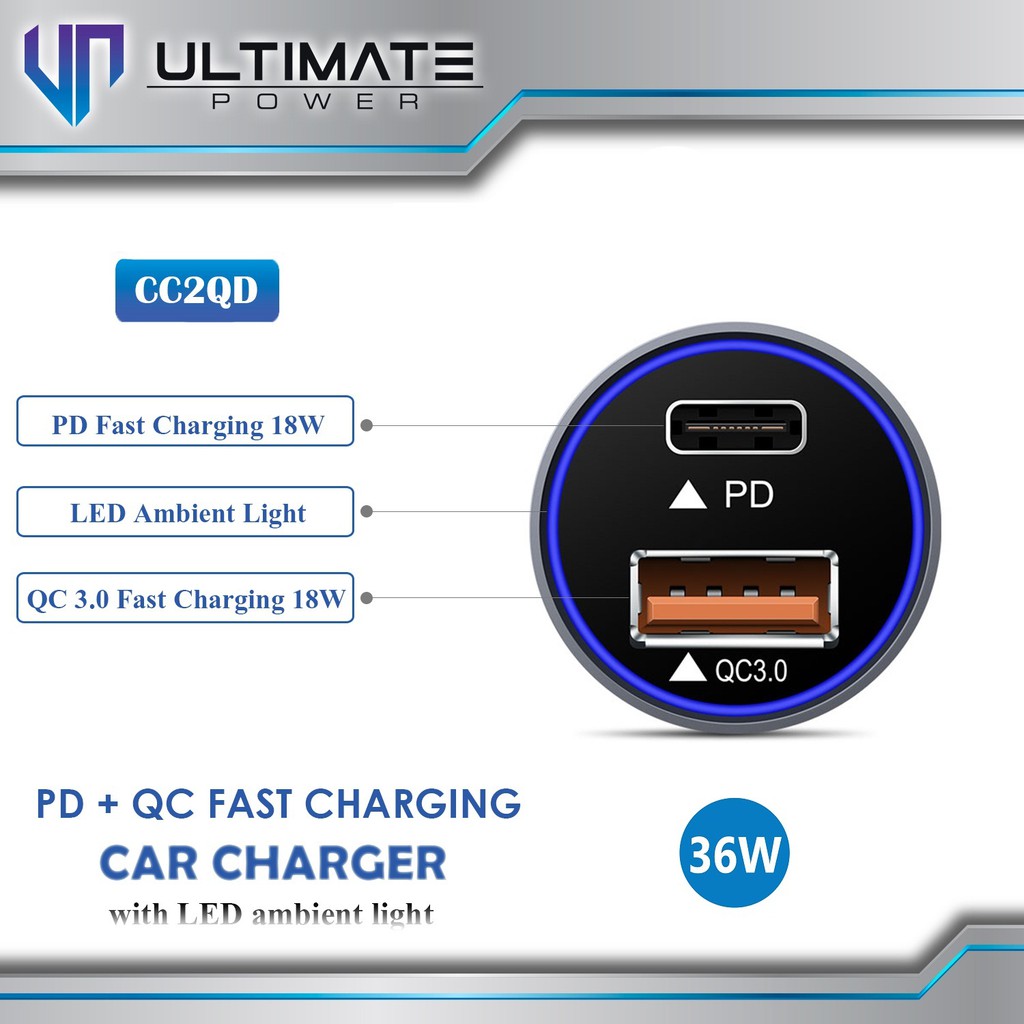 Ultimate Power 36W PD+QC Fast Charging Car Charger with LED Ambient Light original100%asli