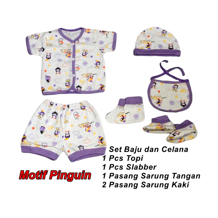 Setelan Bayi Baru Lahir / Newborn Baju Celana Pendek dg Topi Sarung Tangan Kaki & Slabber - Yobel M2
