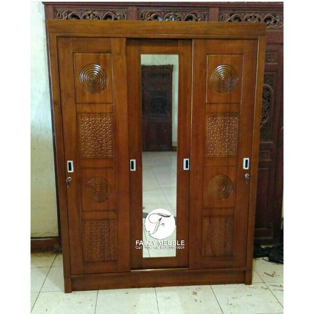 Almari 3 Pintu Jati Mebel Jepara, Lemari Pakaian Seliding Minimalis