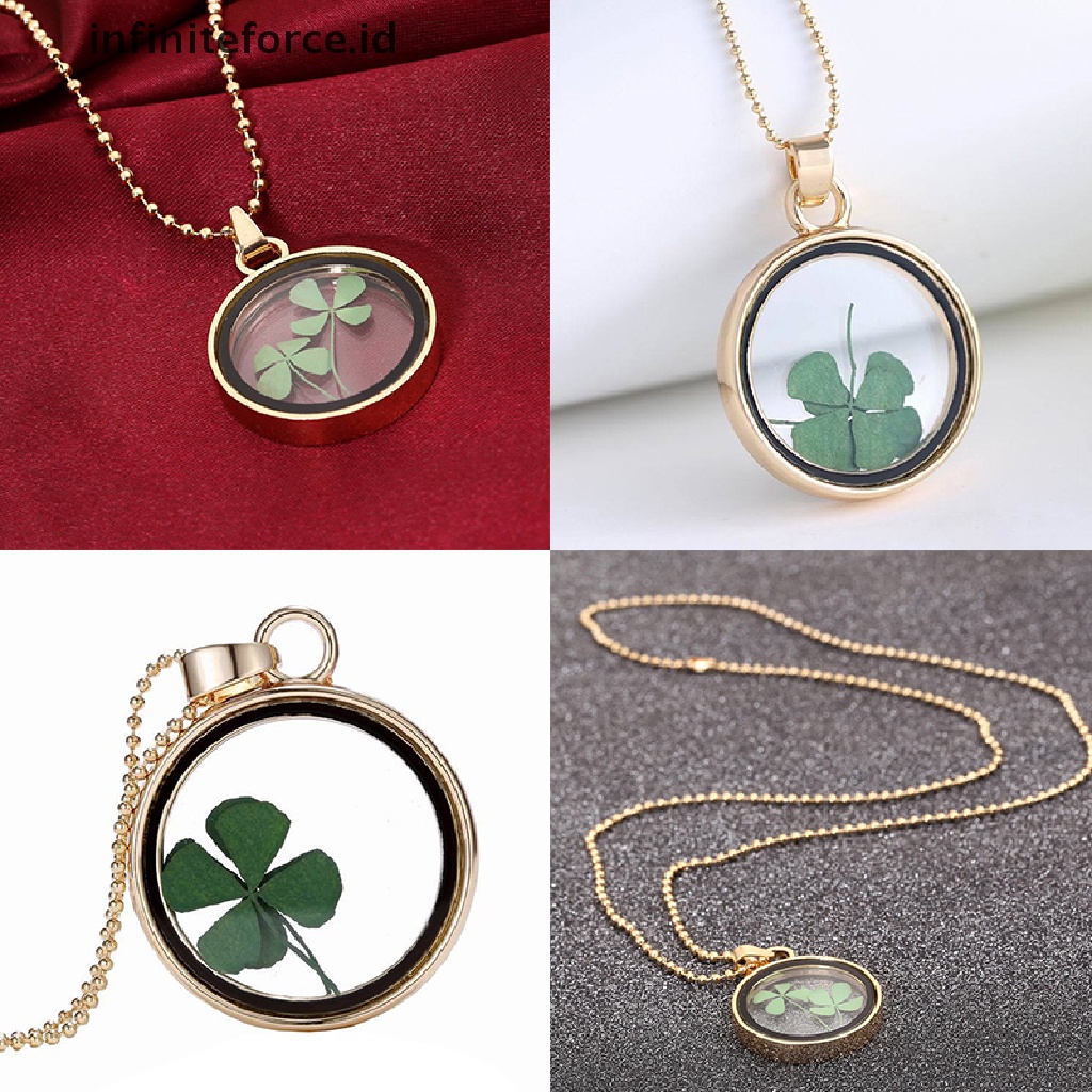 Kalung Liontin Bunga Clover Kering Alami Bahan Resin