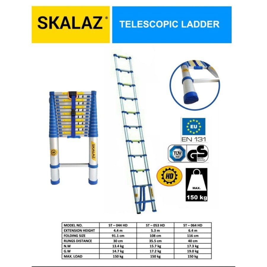 Tangga Lipat Aluminium Teleskopik 6,4 M Single Merk Skalaz Heavy Duty