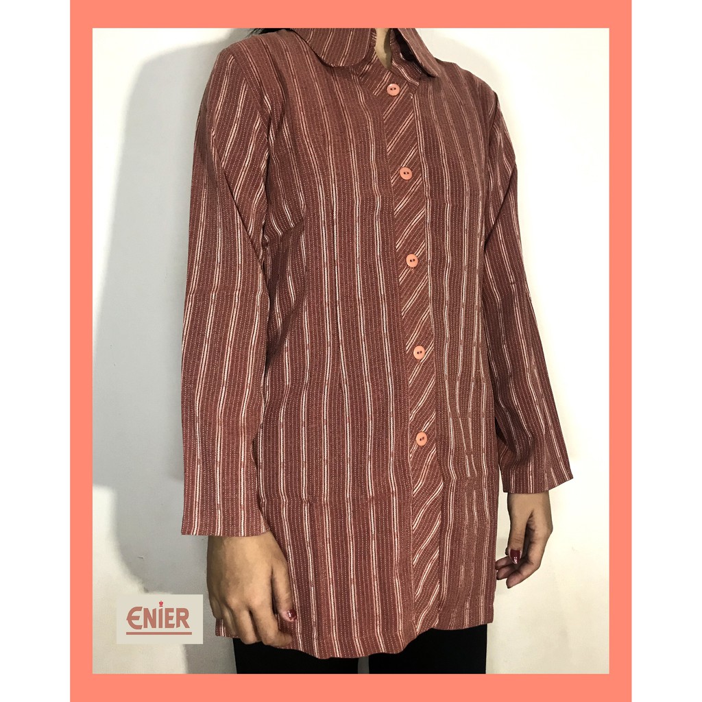Kemeja Wanita Cewek Casual/Formal Lengan Panjang Model Longgar Motif  Garis-garis Warna Merah - 19