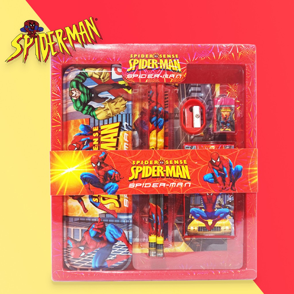 Alat Tulis Set Spiderman Merah Kotak Pensil Penggaris Crayon Pewarna Penghapus Peruncing Anak