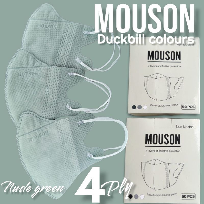 READY STOK MASKER DUCKBILL MOUSON WARNA NUDE GREEN / HIJAU MATCHA 4 PLY EARLOOP ISI 50 LBR PER BOX