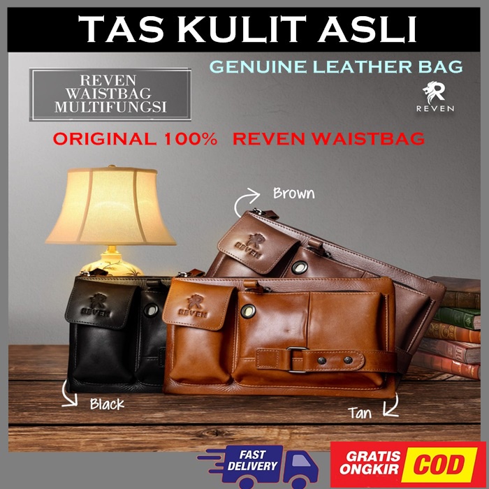 Tas Waistbag pria Reven Waist bag cowok Multifungsi kulit Asli Original Genuine Reven Leather