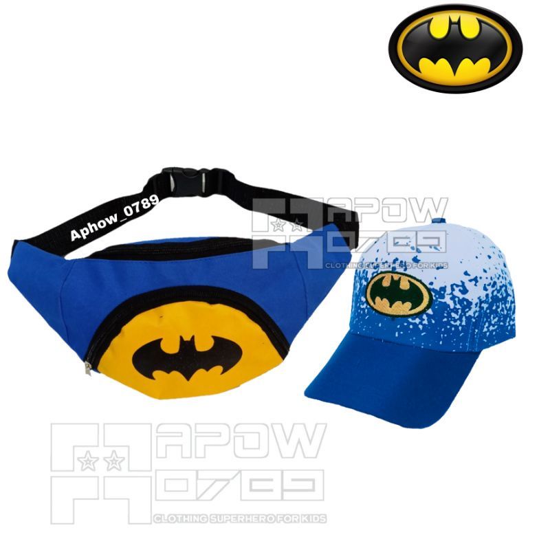 Paket 2in1 Tas Waistbag anak Batman Free topi Bordir Batman