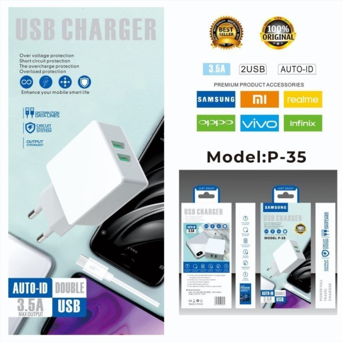CHARGER BRANDED P-35 2 USB 3.5A MICRO USB TRAVEL CHARGER P35 Grosir