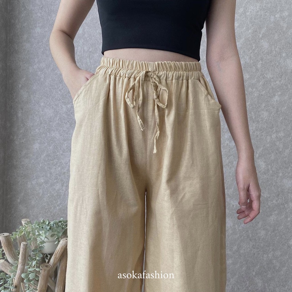 ASOKA Celana Kulot Linen Highwaist Pinggang Karet Wide Leg Cullote 552