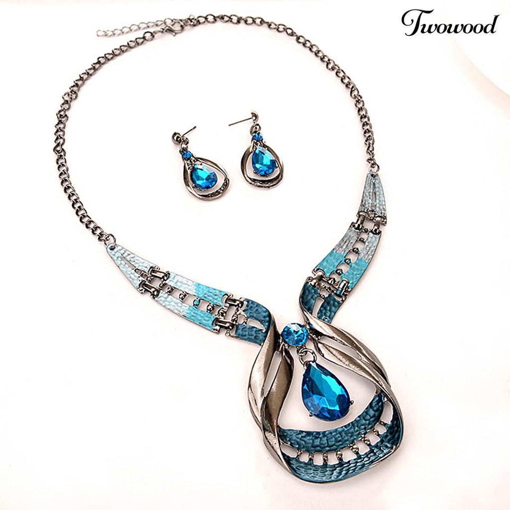 Twowood 2Pcs/Set Exaggerated Noble Beautiful Necklace Earrings Set Water Drop Faux Gem Pendant Necklace Earrings Jewelry Accessory