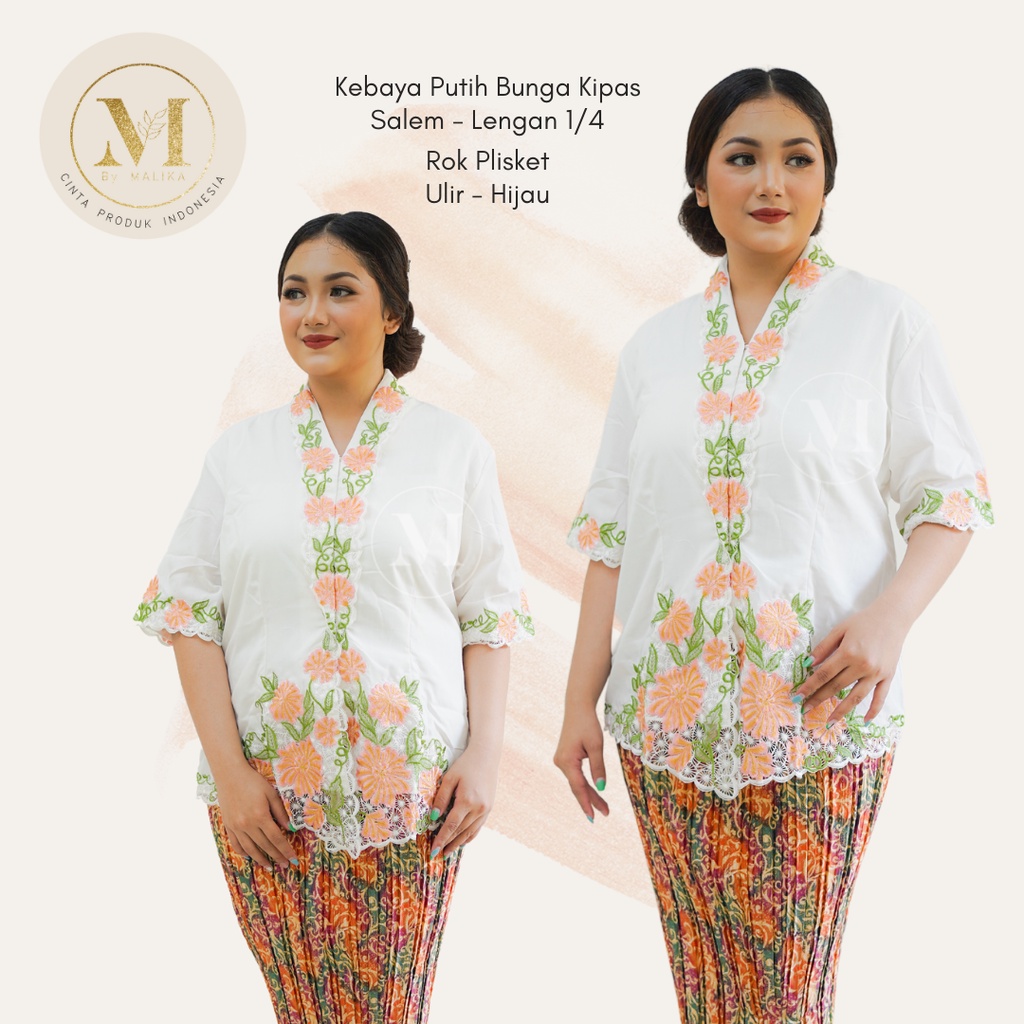 Kebaya Encim Putih Bunga Kipas Lengan Pendek MALIKA - Baju Atasan Kebaya Ncim Modern Bordir Bunga-2