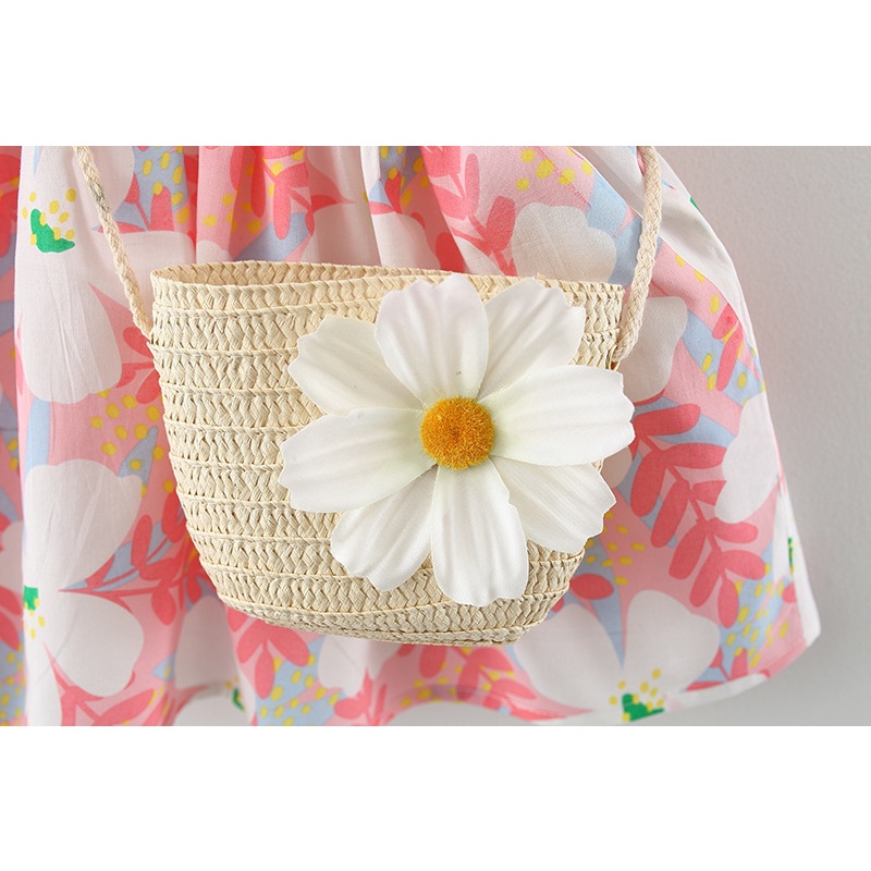 BIBUB - G26 DRESS BAYI PEREMPUAN IMPORT CASUAL DENGAN TAS STRAW BAG MOTIF BUNGA BUNGA IMPORT / BAJU PANTAI ANAK BAYI LUCU / BALI DRESS-4