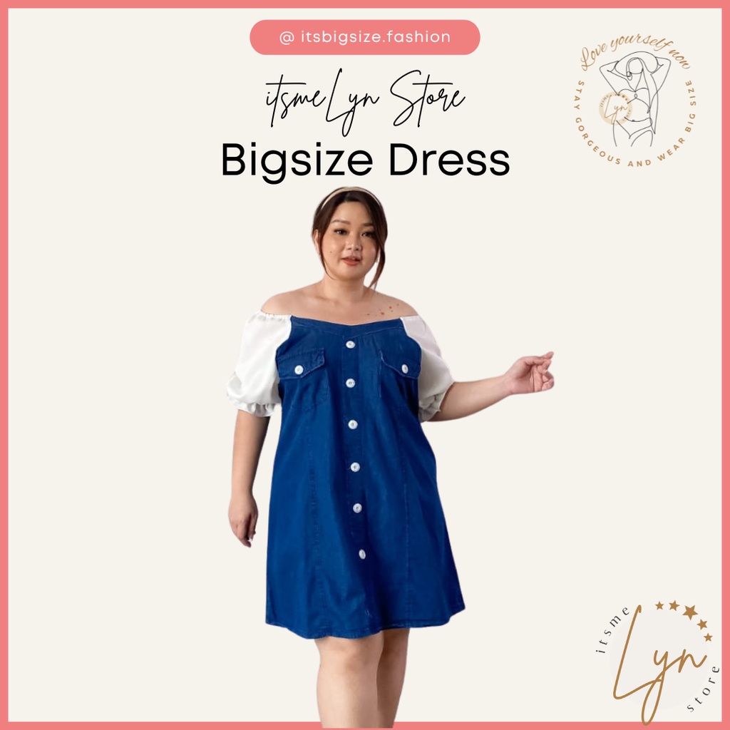 (COD) PROMO BIG SIZE MIDI DRESS DENIM SABRINA WANITA CURVY UKURAN BESAR BAJU TERUSAN OFF SHOULDER UK