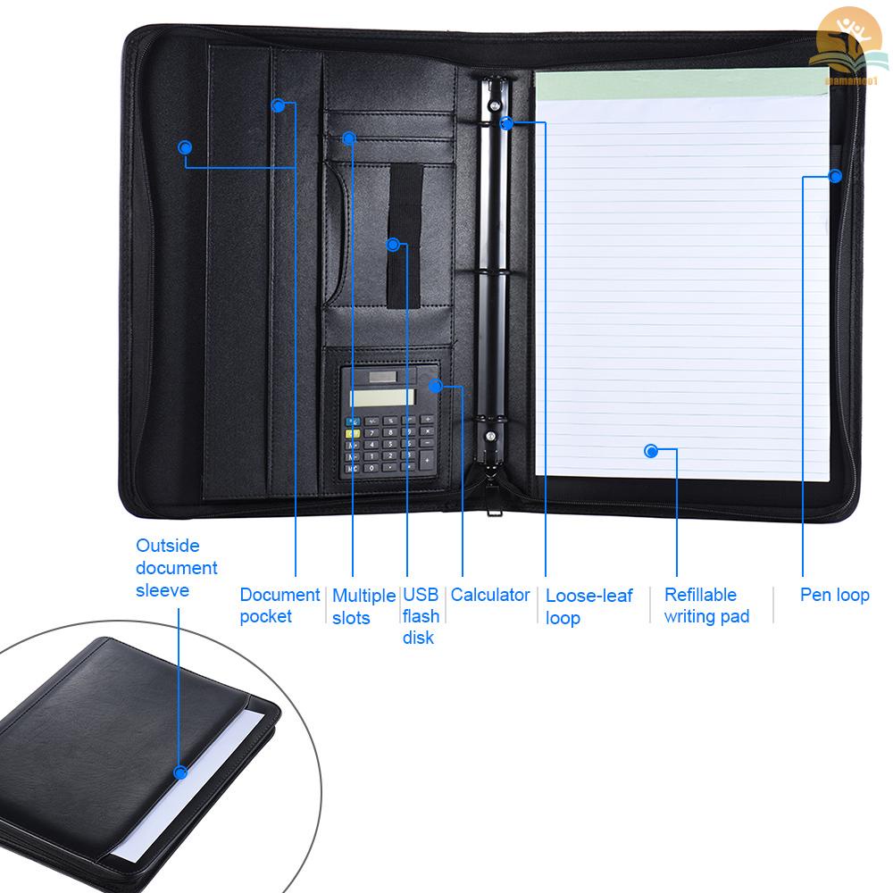 Multifunctional Professional Business Portfolio Padfolio Folder Document Case Organizer A4 PU Leather Zippered Closure Loose-leaf Loop with Calculator Business Card Holder Memo Note Pad