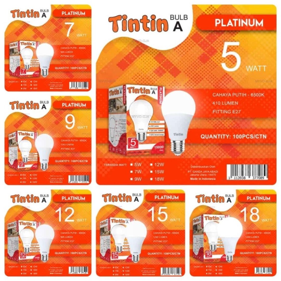 LAMPU LED NEW TINTIN PLATINUM CAHAYA PUTIH 5 W, 7 W, 9W, 12W, 15W, 18W GARANSI RESMI 1 TAHUN