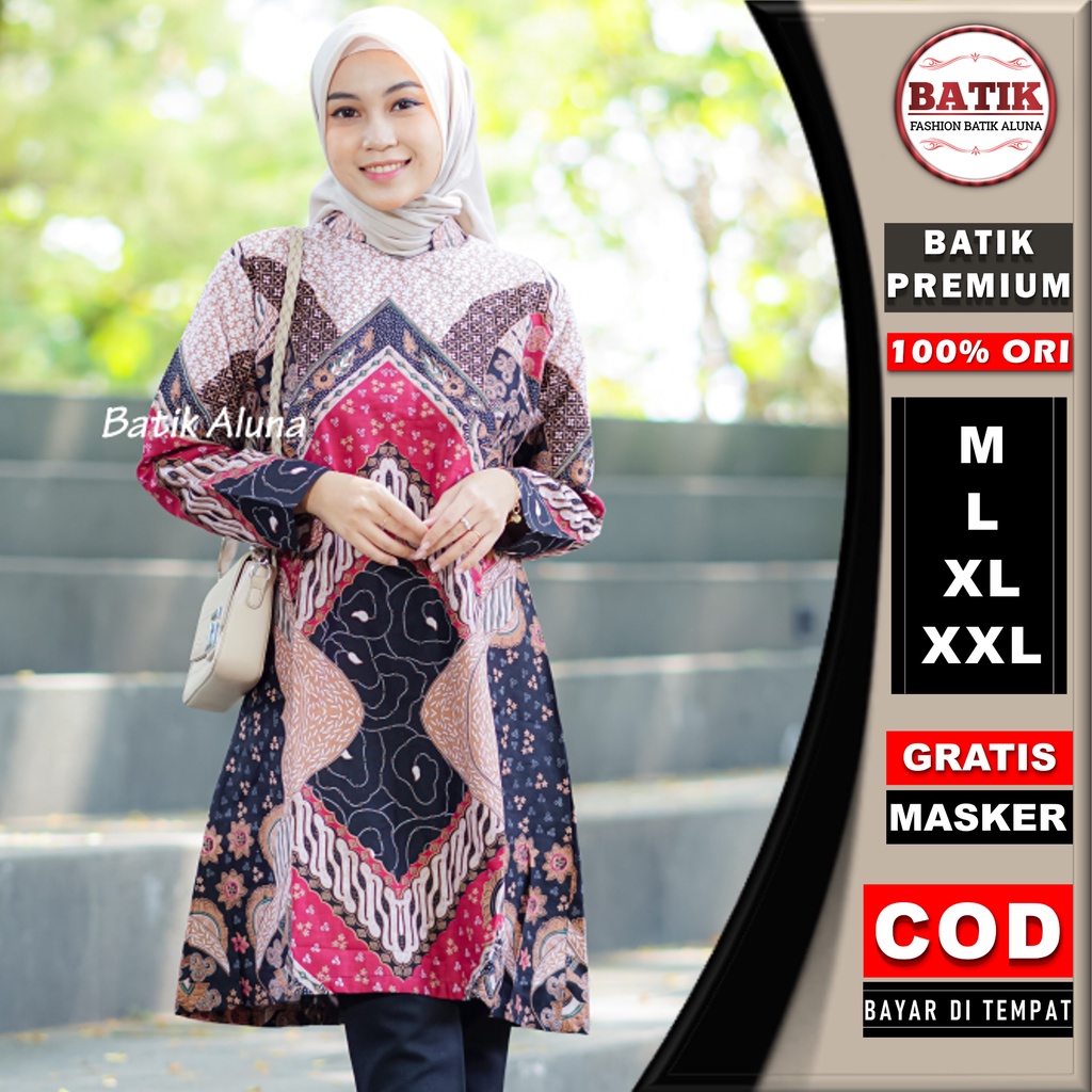 Baju Batik Wanita Lengan Panjang Modern Tunik Premium Bahan Katun Terbaru Kekinian Blouse Batik Modern Wanita Jumbo Atasan Batik Wanita Kantor Batik Cewek Modern Couple FASHION BATIK ALUNA