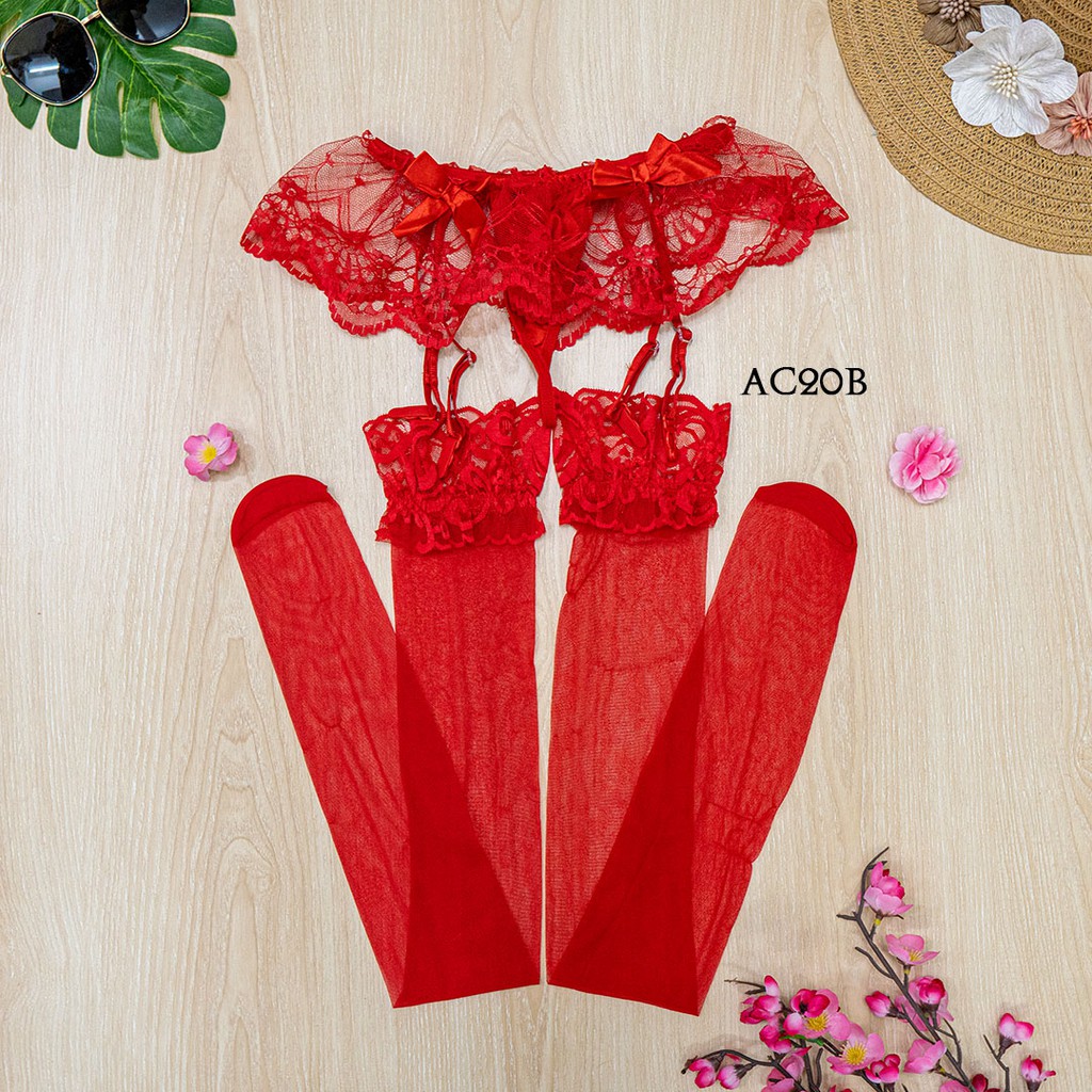 [STOCK TERBATAS] LEGGING TRANSPARAN STOCKING SEXY + GARTER BELT MERAH AC20B