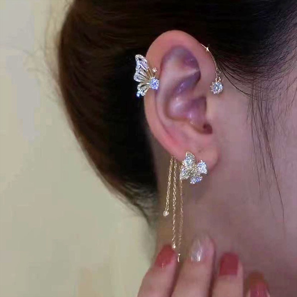 Anting Klip Tanpa Tindik Desain Kupu-Kupu Rumbai Hias Zircon Untuk Wanita