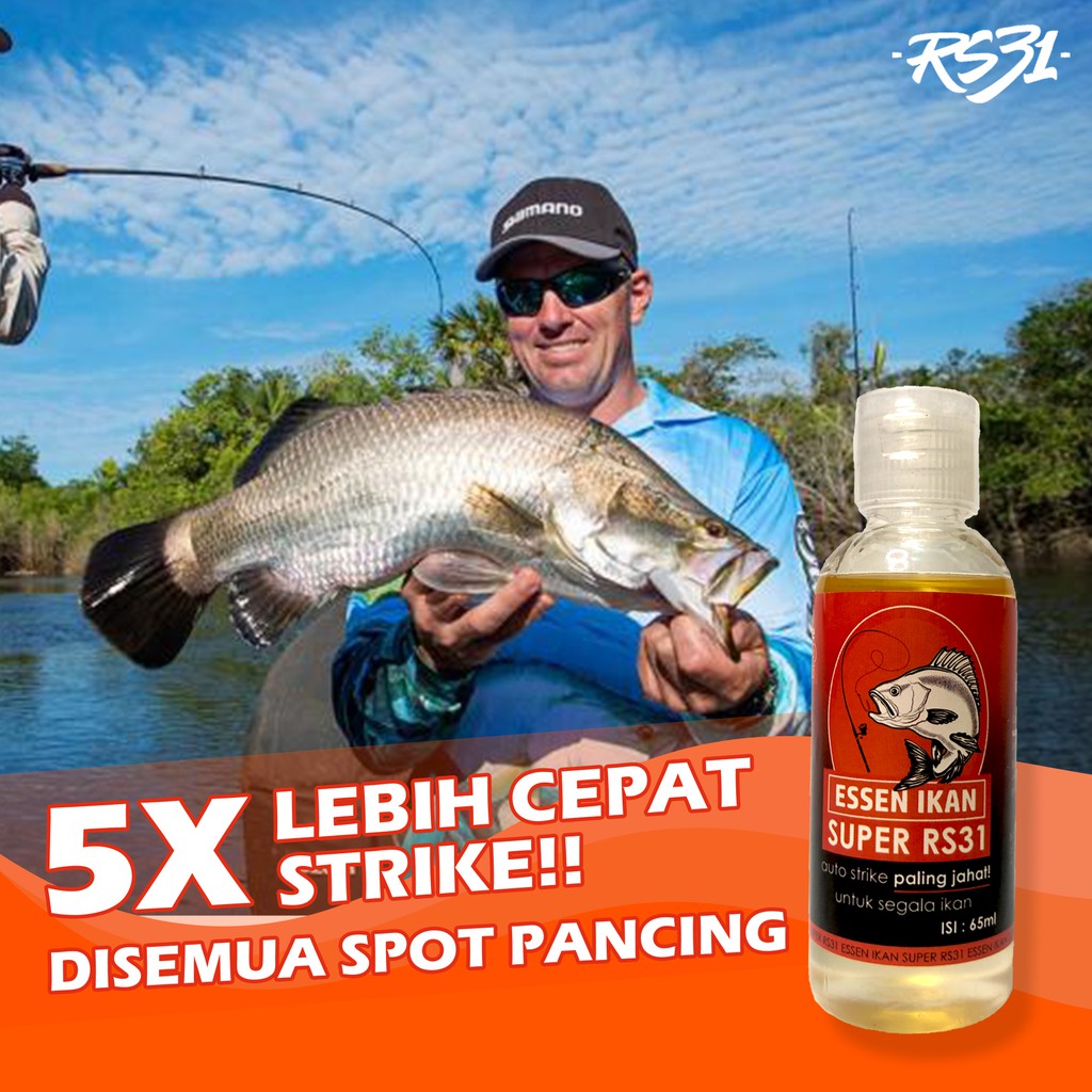 Essen Ikan Super RS31 Ampuh 65 ml- Essence Untuk Segala di Laut, Tambak, Sungai dan Berbagai Event Galatama, Galapung, Super Ampuh Banget dan Gacor Untuk Ikan Mas, Lele, Tombro, Bawal, Kakap, Gurame, Belut, Sidat, Bandeng, Nila, Mujair, Belanak, Baramundi