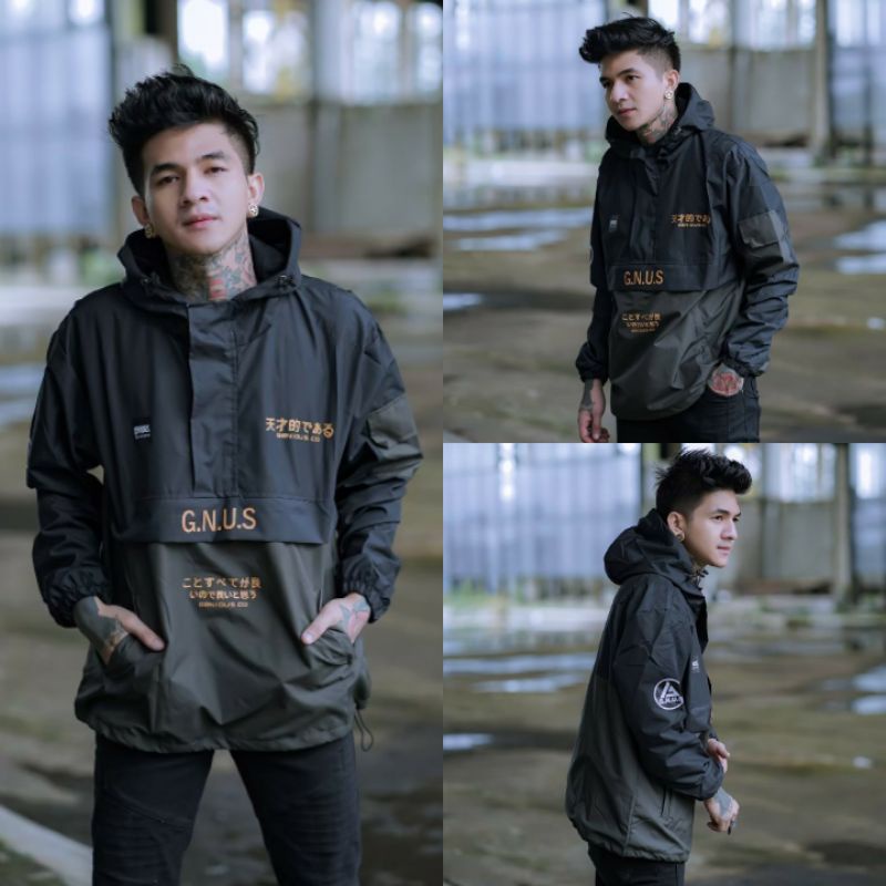 Jaket pria IKC 002 distro cbr Bandung hoodie dua sisi bolak balik keren grosir jaket cagoule erigo Jaket Pria Parasut Anti Air-CG Hitam Army