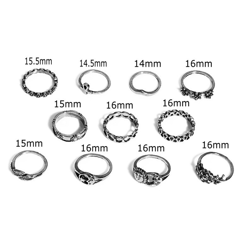 11 Pcs / Set Cincin Jari Bentuk Bulan Bunga Matahari Gelombang Kristal Geometris Warna Silver Gaya Retro Antik Eropa